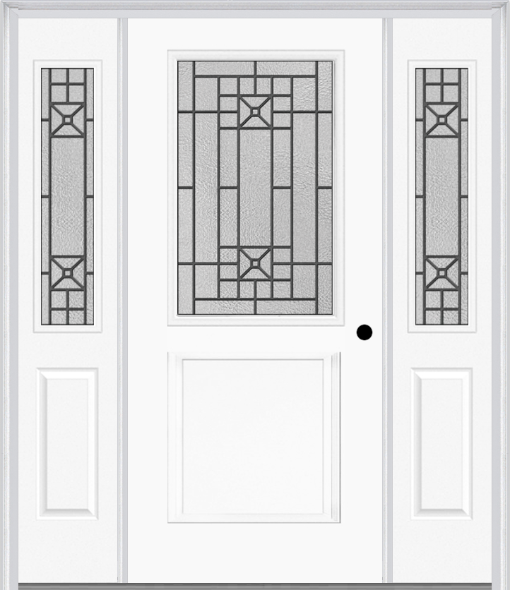MMI 1/2 Lite 1 Panel 6'8" Fiberglass Smooth Courtyard Nickel Vein Wrought Iron Exterior Prehung Door With 2 Half Lite Courtyard Nickel Vein Wrought Iron Decorative Glass Sidelights 682